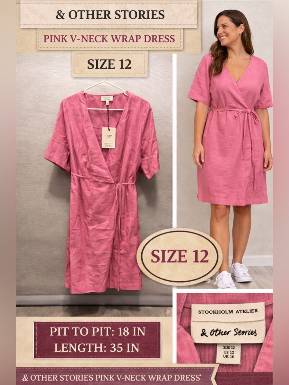 & other stories Pink V neck wrap dress size 12 pit to pit 18in length 35in